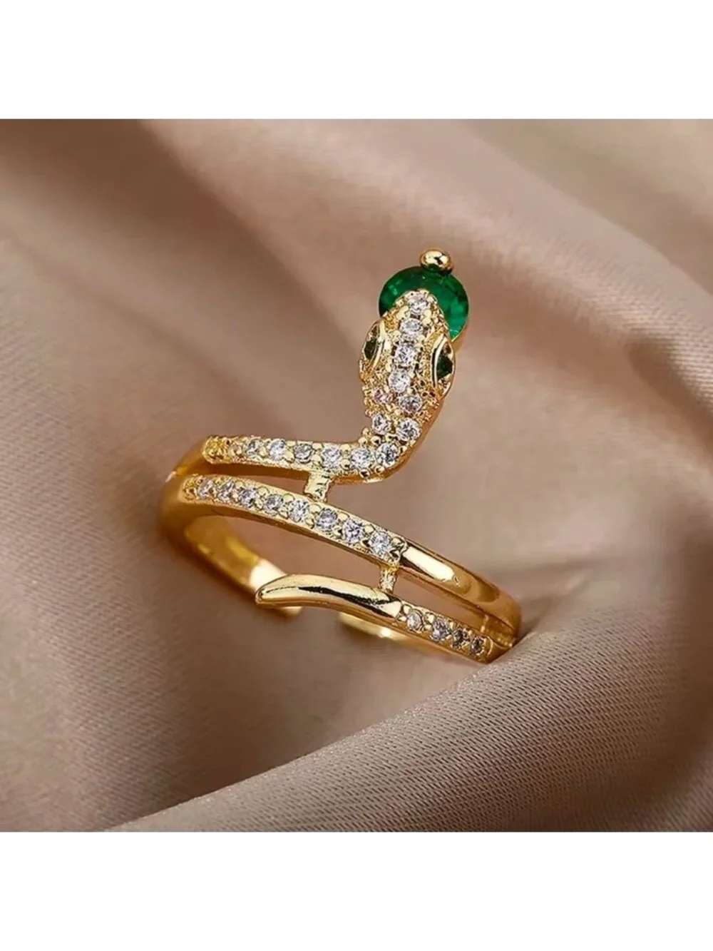 Gold Tone Snake Ring with Emerald Green Gem